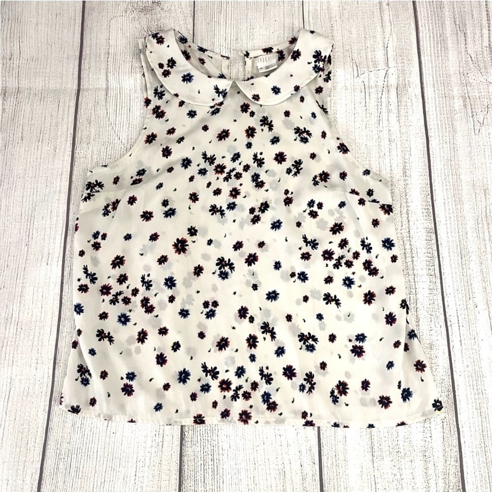 COOPERATIVE Women’s White Floral Collared Sleeveless Blouse Size Medium